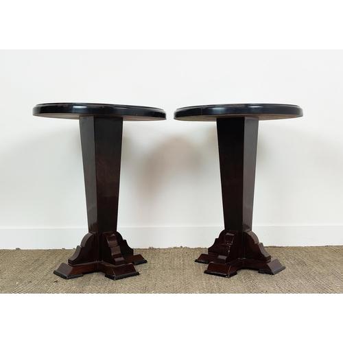 397 - SIDE TABLES, a pair, Art Deco style, segmented design tops on column base, 74cm H x 60cm W. (2)