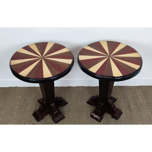 397 - SIDE TABLES, a pair, Art Deco style, segmented design tops on column base, 74cm H x 60cm W. (2)