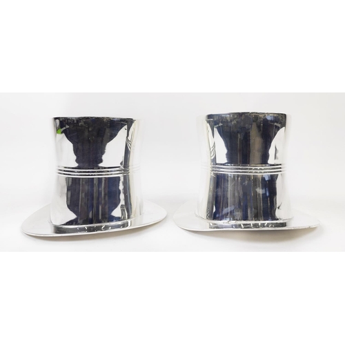 396 - TOP HAT WINE COOLERS, a pair, polished metal 16cm H x 24cm W. (2)