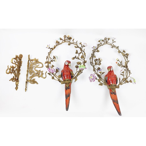 402 - PARROT WALL HANGINGS, a pair, glazed ceramic and gilt metal on bracket supports, 60cm H x 32cm W. (2... 