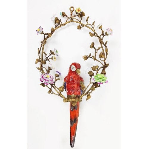 402 - PARROT WALL HANGINGS, a pair, glazed ceramic and gilt metal on bracket supports, 60cm H x 32cm W. (2... 