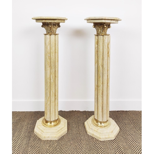 403 - MARBLE PEDESTALS, a pair, octagonal tops on reeded columns, 102cm H x 29cm W. (2)