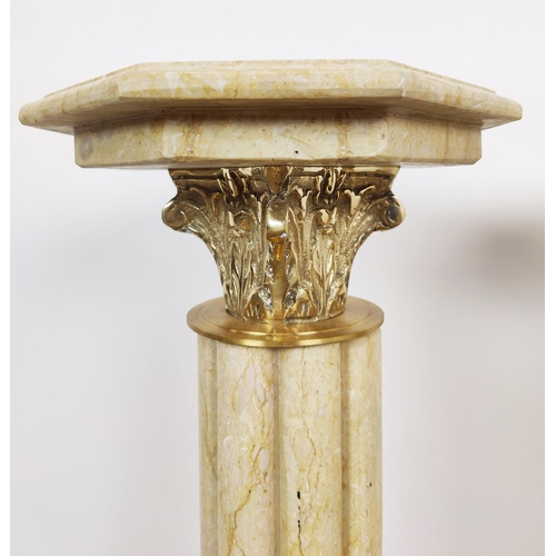 403 - MARBLE PEDESTALS, a pair, octagonal tops on reeded columns, 102cm H x 29cm W. (2)