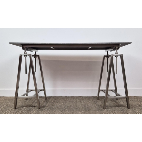 439 - DESK, twin pedestal supports, stone top, 140cm x 60cm x 79cm.