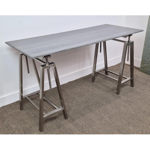 439 - DESK, twin pedestal supports, stone top, 140cm x 60cm x 79cm.