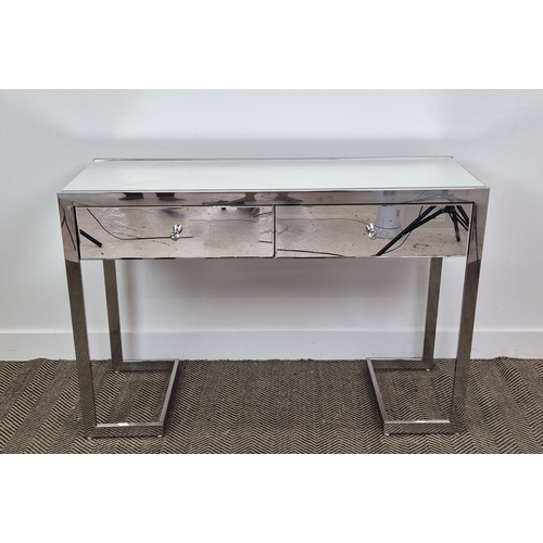 442 - VANITY TABLE, mirrored and polished metal, with two drawers, 120cm x 45cm x 79cm approx.