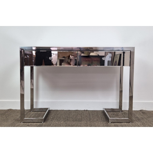 442 - VANITY TABLE, mirrored and polished metal, with two drawers, 120cm x 45cm x 79cm approx.