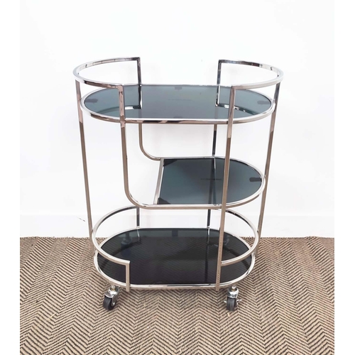 444 - COCKTAIL TROLLEY, smoked glass and polished metal, 62.5cm 36.5cm x 79.5cm.