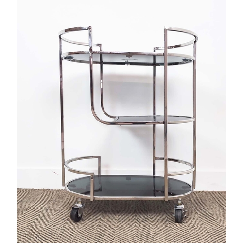 444 - COCKTAIL TROLLEY, smoked glass and polished metal, 62.5cm 36.5cm x 79.5cm.