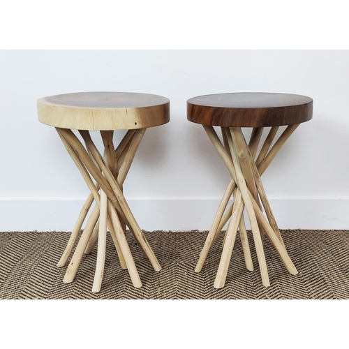 446 - SIDE TABLES, a pair, circular tops, naturalistic branch supports, 350cm x 50cm H approx. (2)