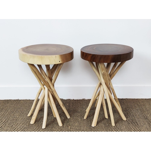 446 - SIDE TABLES, a pair, circular tops, naturalistic branch supports, 350cm x 50cm H approx. (2)