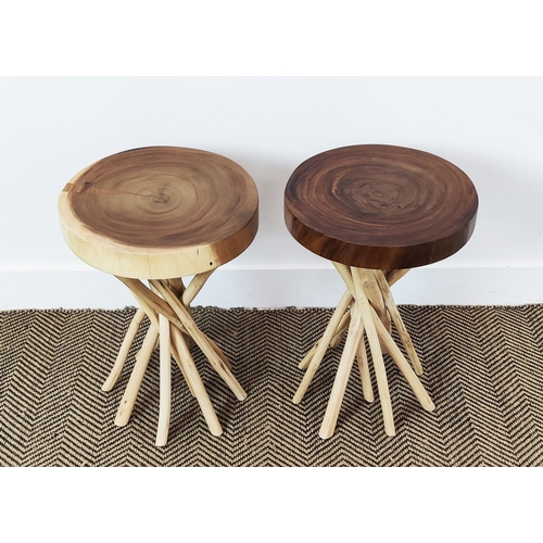 446 - SIDE TABLES, a pair, circular tops, naturalistic branch supports, 350cm x 50cm H approx. (2)