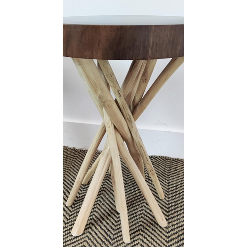 446 - SIDE TABLES, a pair, circular tops, naturalistic branch supports, 350cm x 50cm H approx. (2)