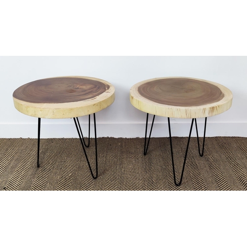 447 - SIDE TABLES, a pair, circular tops, hairpin supports, 56cm x 49.5cm H approx. (2)