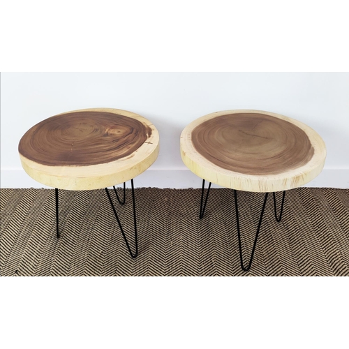 447 - SIDE TABLES, a pair, circular tops, hairpin supports, 56cm x 49.5cm H approx. (2)