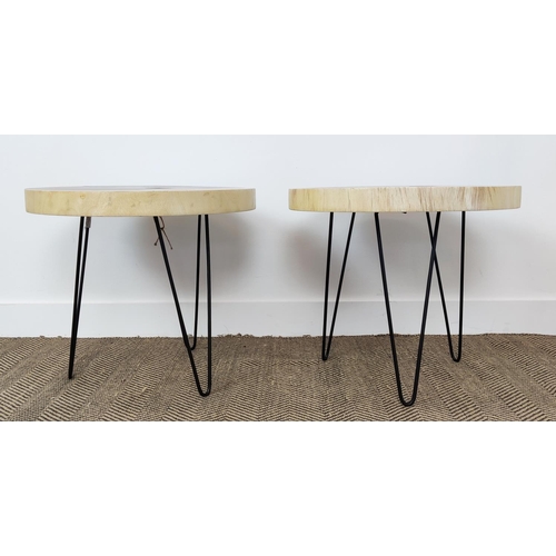 447 - SIDE TABLES, a pair, circular tops, hairpin supports, 56cm x 49.5cm H approx. (2)