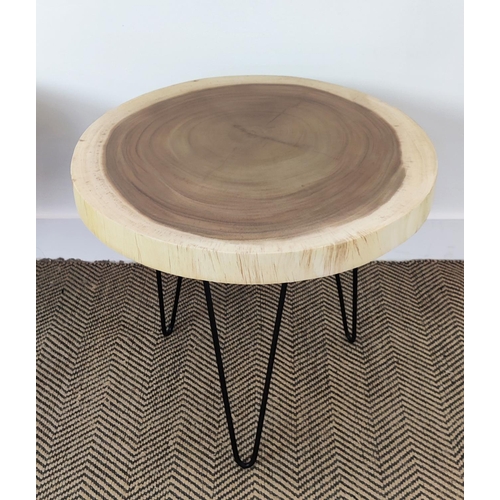 447 - SIDE TABLES, a pair, circular tops, hairpin supports, 56cm x 49.5cm H approx. (2)