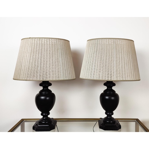 377 - VILLAVERDE LONDON LAURENT WOODEN TABLE LAMPS, with oval shades, a pair, 66cm overall including shade... 