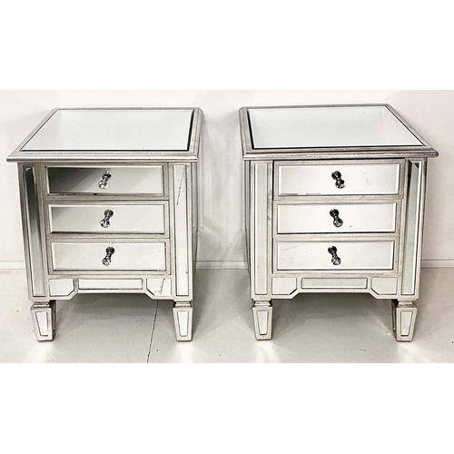 418 - SIDE CHESTS, a pair, Venetian style, mirrored finish with silvered accents, 60cm x 50cm x 40cm. (2)