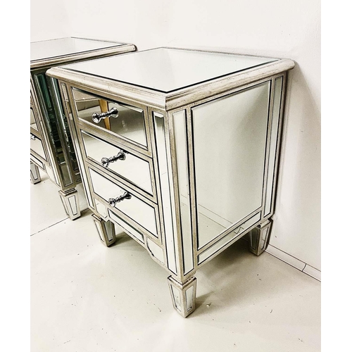 418 - SIDE CHESTS, a pair, Venetian style, mirrored finish with silvered accents, 60cm x 50cm x 40cm. (2)