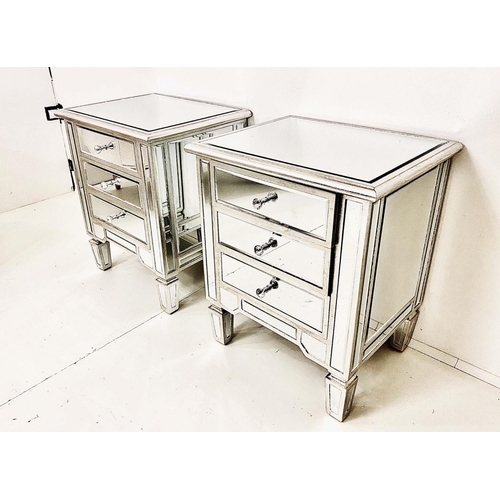 418 - SIDE CHESTS, a pair, Venetian style, mirrored finish with silvered accents, 60cm x 50cm x 40cm. (2)