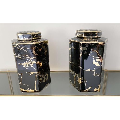 421 - GINGER JARS, a pair, glazed ceramic with black and gilt design, 33cm x 20cm x 20cm. (2)