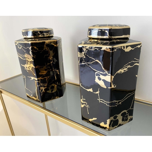 421 - GINGER JARS, a pair, glazed ceramic with black and gilt design, 33cm x 20cm x 20cm. (2)