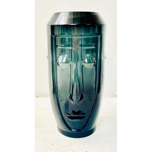 422 - VASES, a set of three, glass with stylised face design, 34cm x 17cm x 17cm. (3)