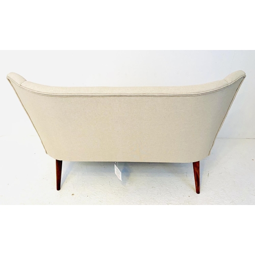 426 - SOFA, 1950s style with neutral linen upholstery on tapered supports, 83cm x 125cm.