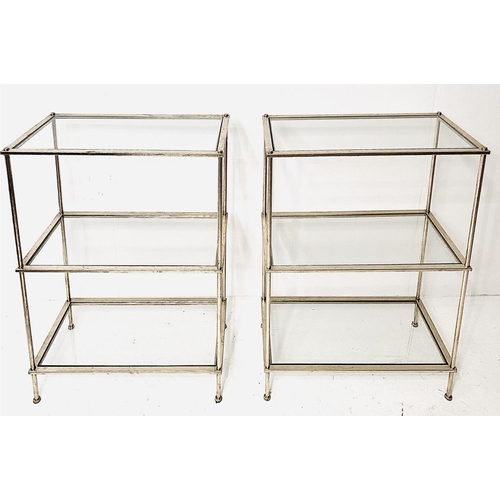 429 - ETAGERES, a pair, silvered metal with three glass shelves, 86cm H x 55cm W x 31cm D. (2)