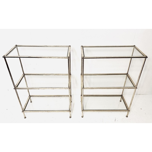 429 - ETAGERES, a pair, silvered metal with three glass shelves, 86cm H x 55cm W x 31cm D. (2)