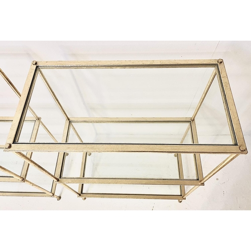 429 - ETAGERES, a pair, silvered metal with three glass shelves, 86cm H x 55cm W x 31cm D. (2)