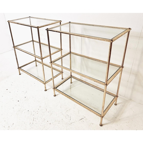 429 - ETAGERES, a pair, silvered metal with three glass shelves, 86cm H x 55cm W x 31cm D. (2)