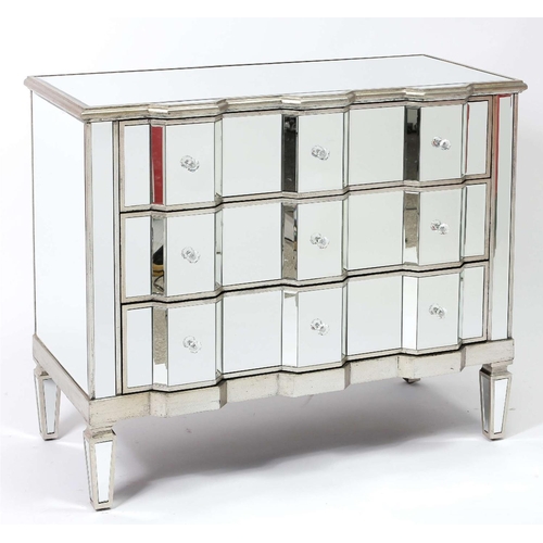 430 - MIRRORED CHEST, Venetian style with three drawers, 88cm H x 103cm W x 50cm D.