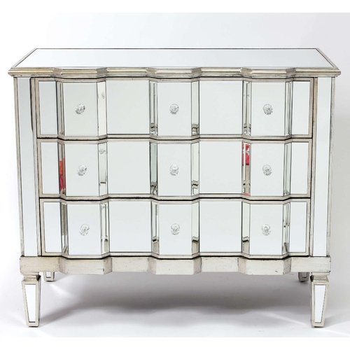 430 - MIRRORED CHEST, Venetian style with three drawers, 88cm H x 103cm W x 50cm D.