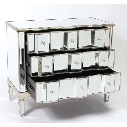 430 - MIRRORED CHEST, Venetian style with three drawers, 88cm H x 103cm W x 50cm D.