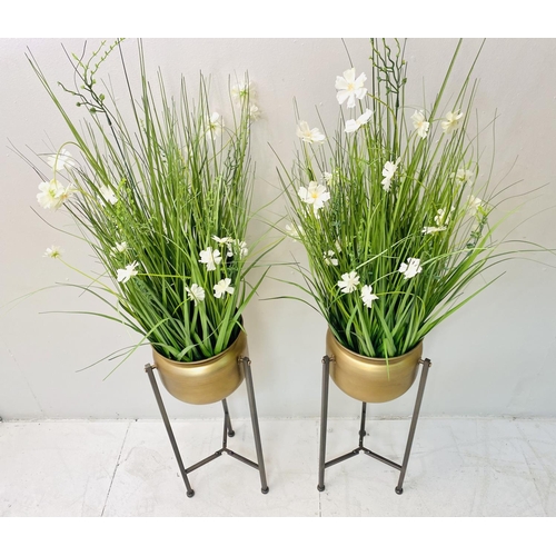 431 - FAUX FLOWERS, a pair, in gilt metal planters on stands, 120cm x 30cm x 30cm. (2)