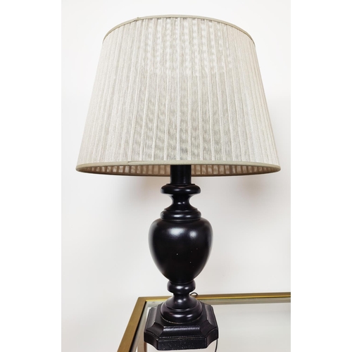 377 - VILLAVERDE LONDON LAURENT WOODEN TABLE LAMPS, with oval shades, a pair, 66cm overall including shade... 