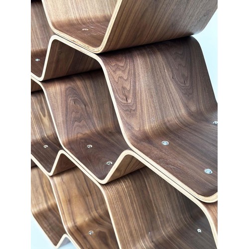 530 - SHELVES BY LUKA STEPAN, walnut veneered plywood polygon shelving system, 136cm x 150cm H x 32cm.