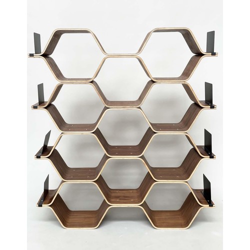 530 - SHELVES BY LUKA STEPAN, walnut veneered plywood polygon shelving system, 136cm x 150cm H x 32cm.