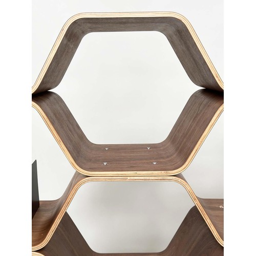 530 - SHELVES BY LUKA STEPAN, walnut veneered plywood polygon shelving system, 136cm x 150cm H x 32cm.