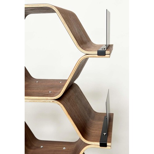 530 - SHELVES BY LUKA STEPAN, walnut veneered plywood polygon shelving system, 136cm x 150cm H x 32cm.