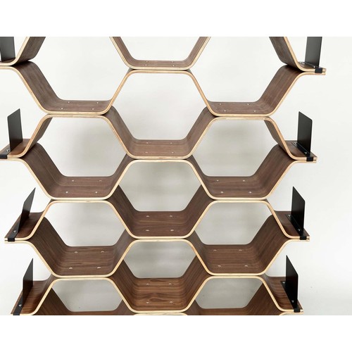 530 - SHELVES BY LUKA STEPAN, walnut veneered plywood polygon shelving system, 136cm x 150cm H x 32cm.