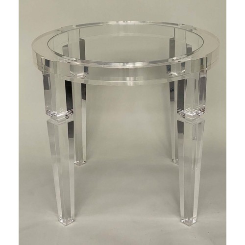 511 - LAMP TABLE, circular glazed and lucite-framed, 75cm H x 100cm W.