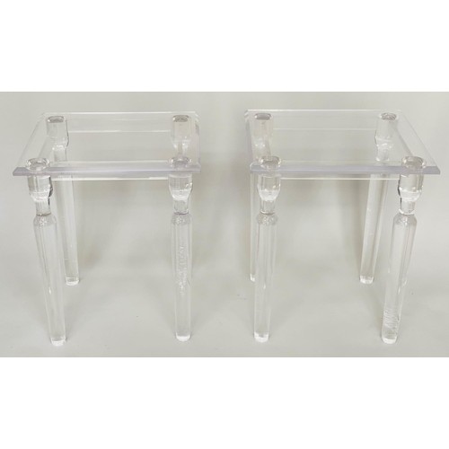 510 - LAMP TABLES BY CHRISTELLE, a pair, ghost tables rectangular glazed with lucite supports, 45cm x 40cm... 