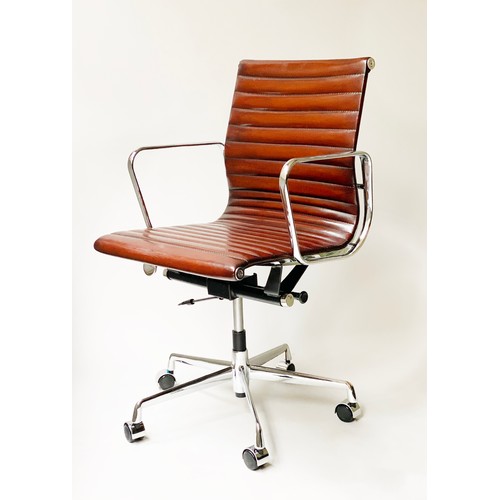 296 - AFTER CHARLES AND RAY EAMES ALUMINIUM GROUP STYLE CHAIR, with hand finished ribbed natural tan leath... 