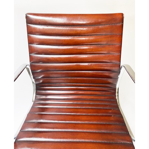 296 - AFTER CHARLES AND RAY EAMES ALUMINIUM GROUP STYLE CHAIR, with hand finished ribbed natural tan leath... 