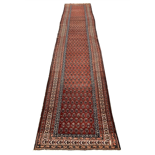 128 - ANTIQUE PERSIAN MALAYER RUNNER, 460cm x 95cm.