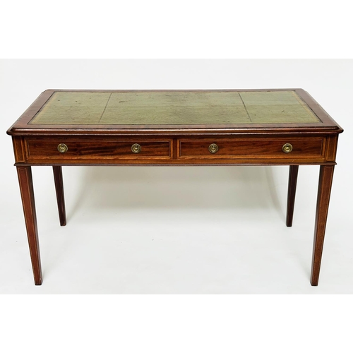 131 - WRITING TABLE, 19th century mahogany and satinwood inlaid with gilt tooled leather writing surface a... 