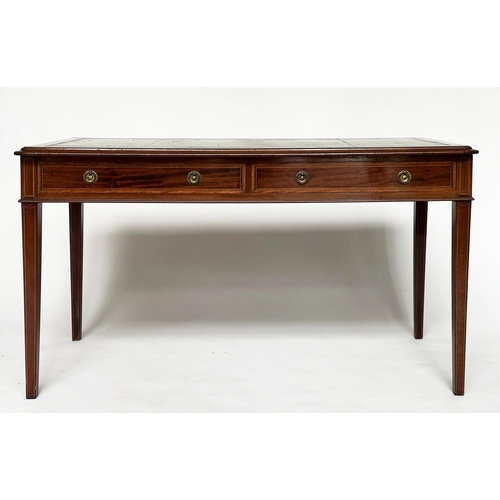 131 - WRITING TABLE, 19th century mahogany and satinwood inlaid with gilt tooled leather writing surface a... 